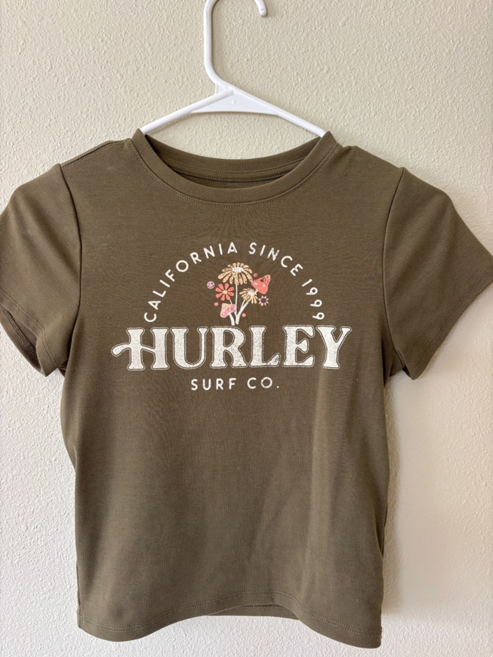 Hurley Olive Green Logo Tee with Floral Detail